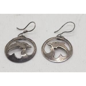 Vintage 925 Sterling Silver Dolphin Dangle Earrings Round Cutout Jewelry Gift